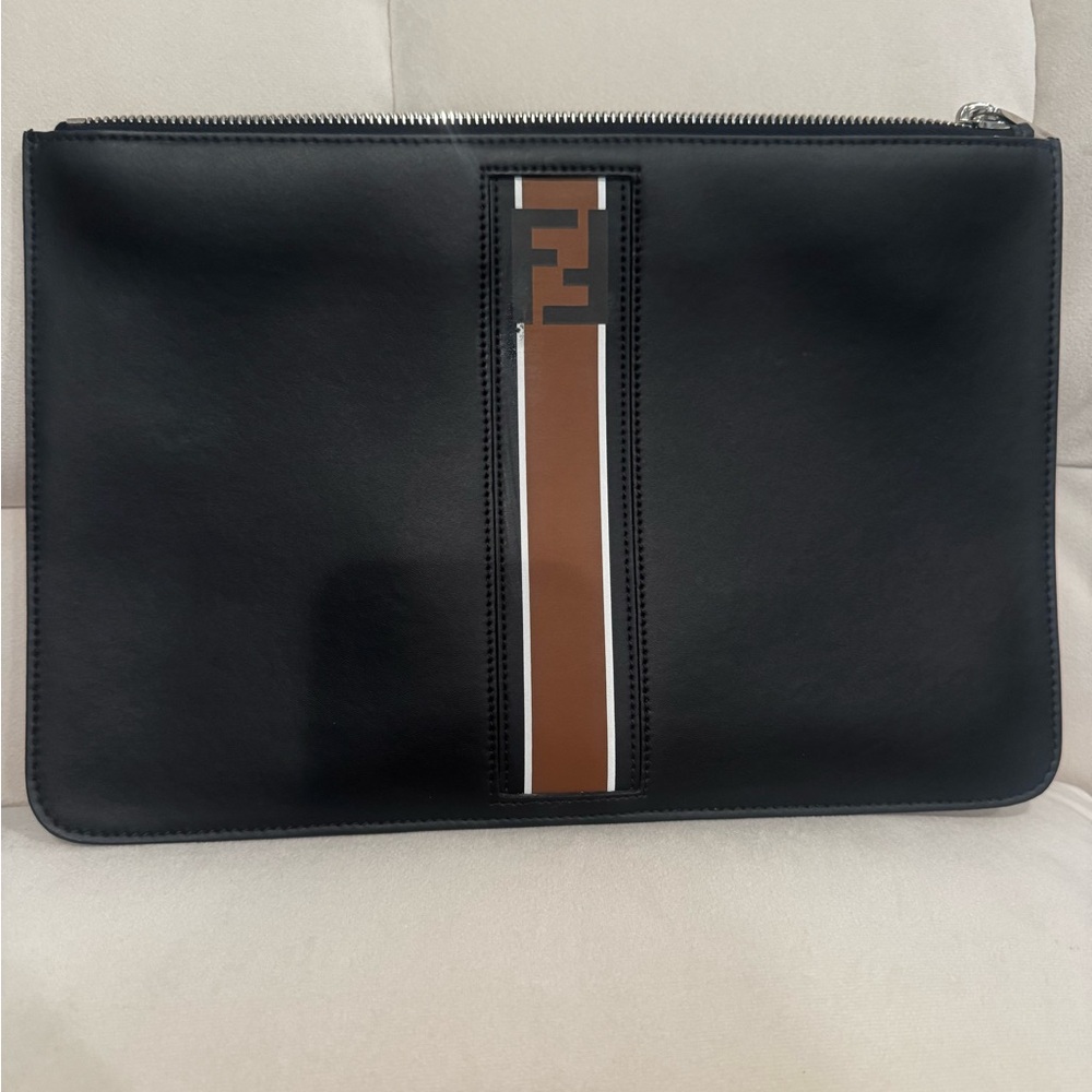 Fendi Black Leather Pouch with Brown Center Stripe